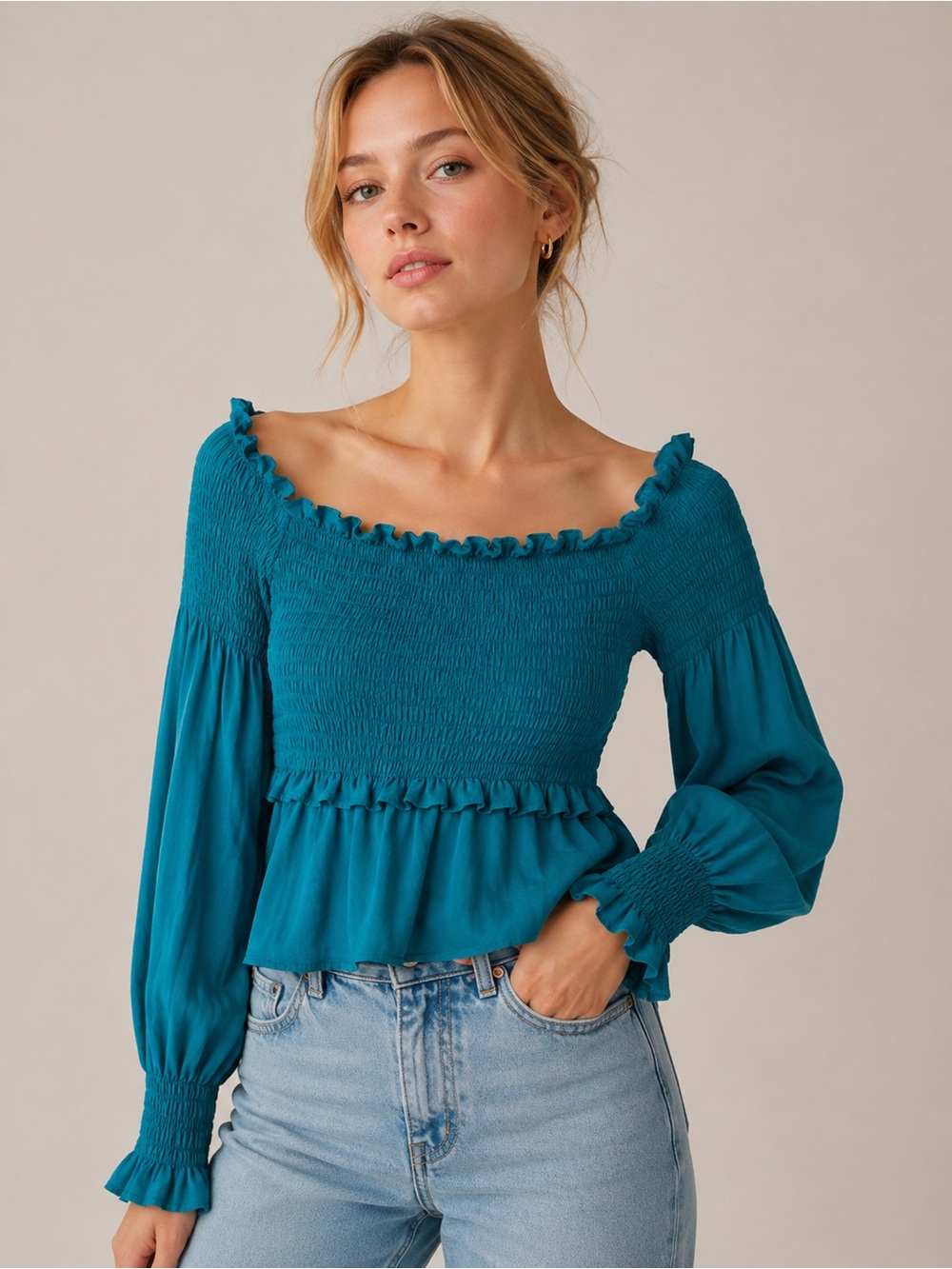 For Love And Lemons NWT Women’s Teal Smocked Long-Sleeve Peplum Top